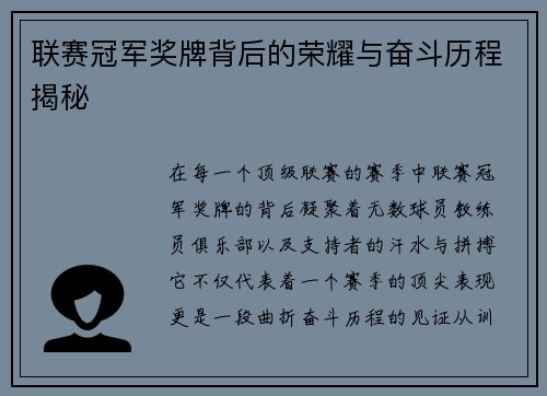 联赛冠军奖牌背后的荣耀与奋斗历程揭秘