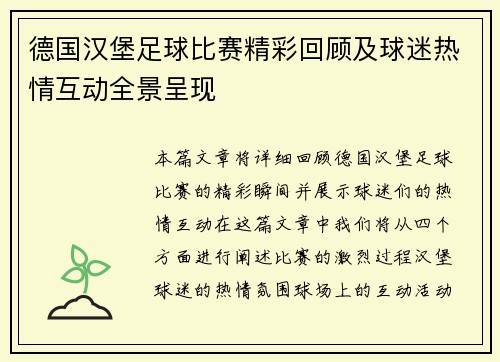 德国汉堡足球比赛精彩回顾及球迷热情互动全景呈现