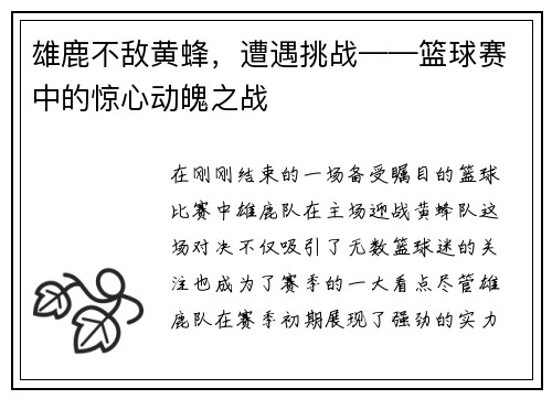 雄鹿不敌黄蜂，遭遇挑战——篮球赛中的惊心动魄之战