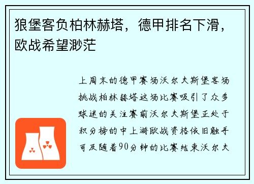 狼堡客负柏林赫塔，德甲排名下滑，欧战希望渺茫